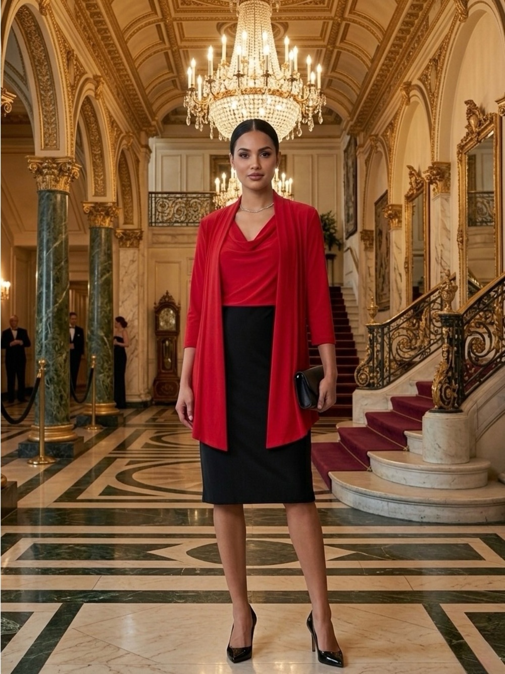 Connected Apparel Faux 2-Piece Mock Jacket Dress NWT Size 14 Red Black Career
